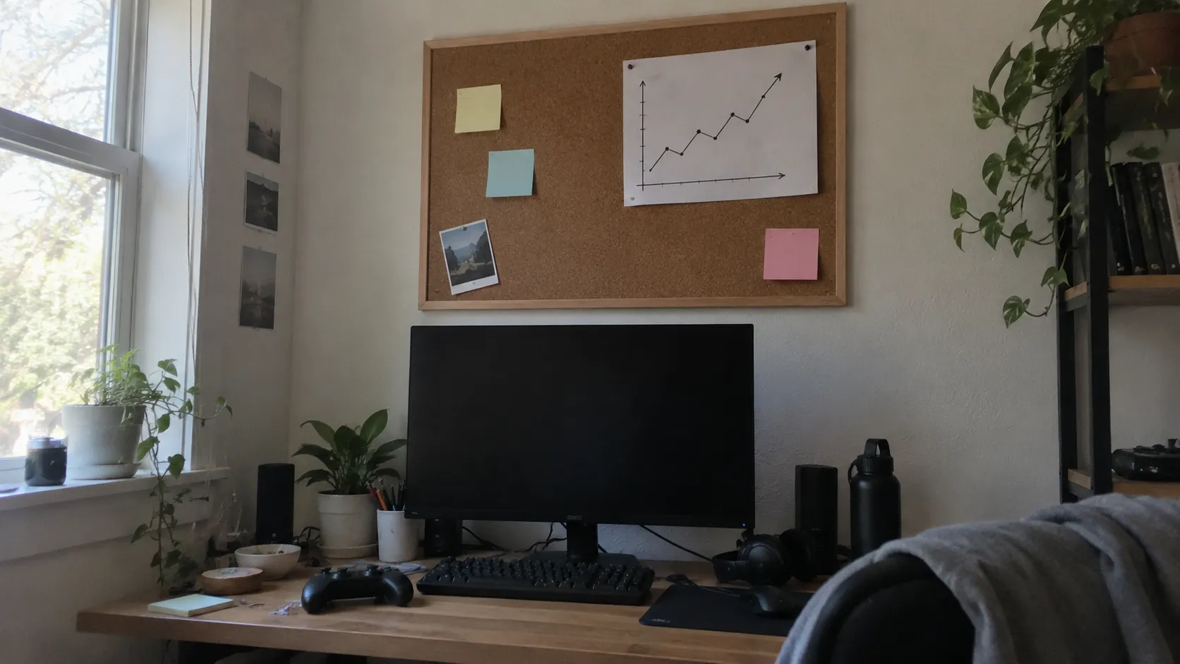 A cork board above a gaming desk with sticky notes and a hand-drawn chart going up, in daylight