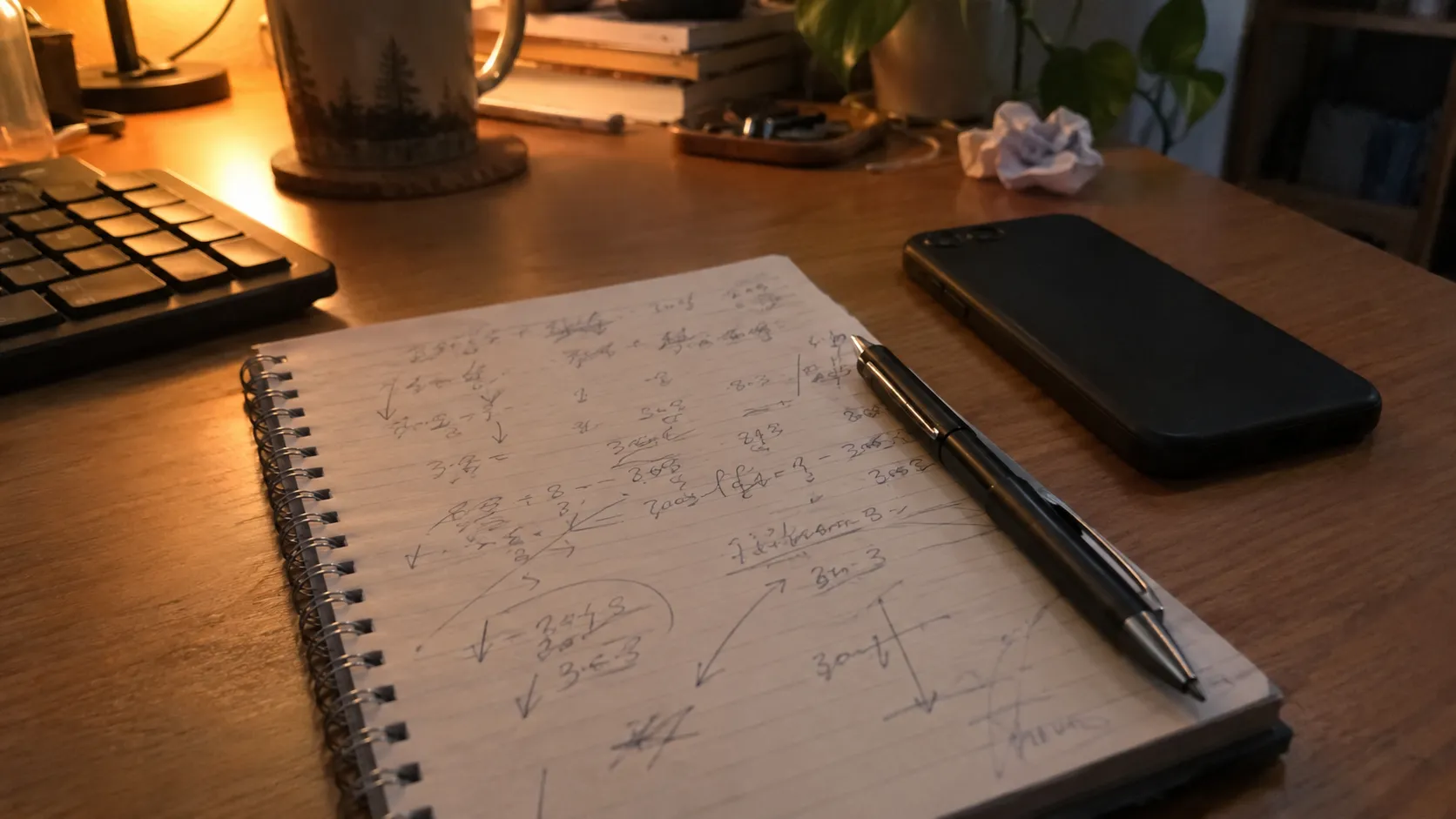 A notebook full of scribbled key levels and route notes next to a keyboard under a desk lamp