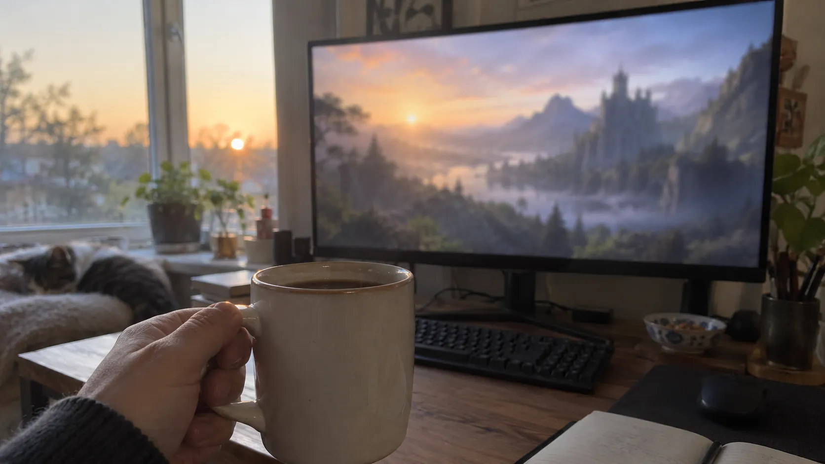 Early morning coffee next to a monitor showing a blurred fantasy landscape at sunrise